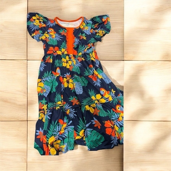 V & Grin Girls Print Ruffle Maxi Dress with Parrots & Colorful Flowers(Size 9-10 - Picture 4 of 7
